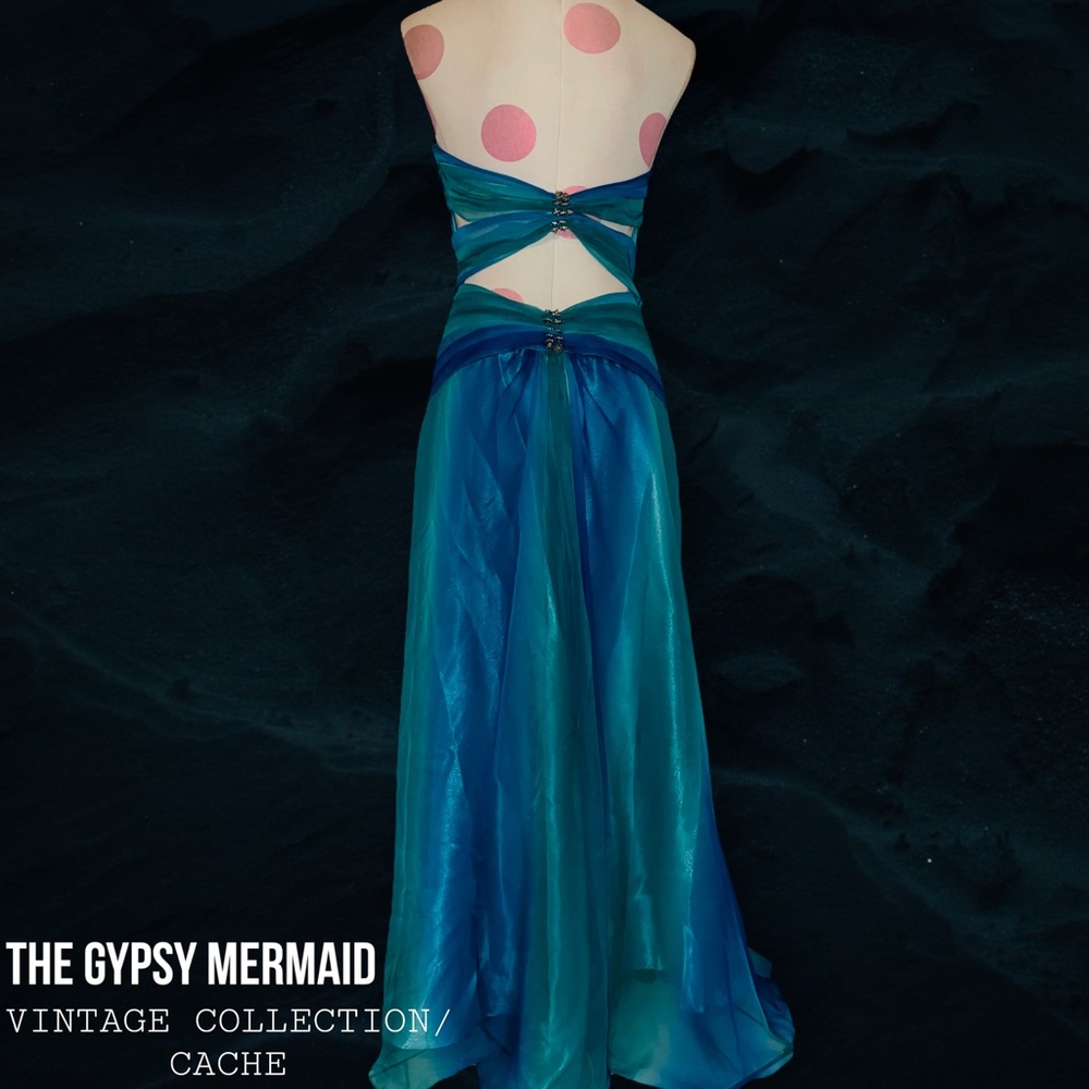 Cache Vintage Y2k Blue Chiffon Open Back Rhinesto… - image 1